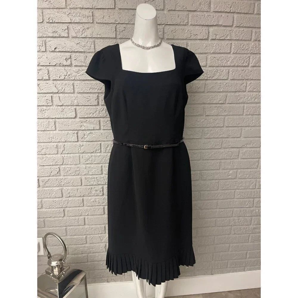 Studio Tahari Women Cap Sleeve Black Belted Pleated Hem Sheath Dress Size 10